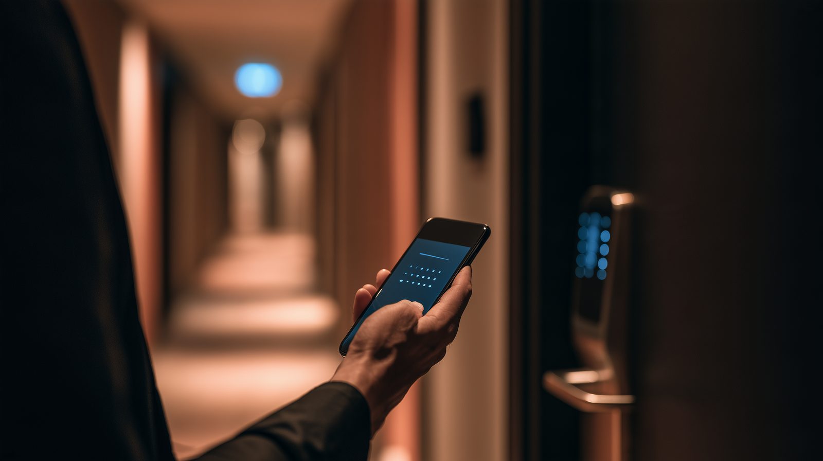 Guest unlocking a hotel room door with a smartphone
